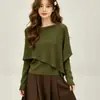 Design elegante e suave, suéter de tricô falso de duas peças para mulheres, novo estilo outono, blusa de seda e lã de manga longa na cor lisa