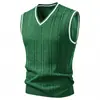Novo Colete de Tricô Masculino Outono/Inverno 2026 Gola V Color Block Tricô Canelado Vertical Trançado Sem Mangas Suéter Casual para Camada