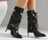Botas de Tacón Alto con Punta Negra hasta Media Pantorrilla para Mujer Estilo Europeo y Americano Decoración con Hebilla Metálica Botas Largas de Moda Versátiles Novedad Otoño e Invierno