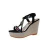 Sandálias boêmias femininas 2024 verão estilo coreano novo salto cunha sola grossa strass sandálias boca de peixe cross-border plus size feminino