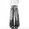 Calça jeans degradê estilo rua para homens e mulheres, estilo American high-street, com design descolado e desgastado, calça de perna reta solta 3D lavada, moderna