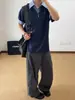 Miu azul camisa polo falsa de duas peças com meio zíper e manga curta masculina verão retrô americano solta casual xadrez camiseta de manga curta