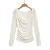 Ay733-25 Nuevo Estilo Otoño Estilo Coreano Cuello Puro Lustre Plisado Aspecto Adelgazante Top Diseño de Mujer Cintura Camiseta de Manga Larga