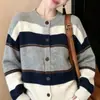 Cardigan Tricô Color Block Listrado Design Moderno para Mulheres Outono/Inverno Nova Chegada Cor Contrastante Versátil Casaco Suéter