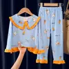 Pijama Infantil para Niñas de Primavera y Otoño, Cuello de Muñeca, Mangas Largas, Lindo Diseño de Dibujos Animados, Adecuado para Niños Pequeños, Medianos y Grandes, Ropa de Casa con Aire Acondicionado, Se Puede Usar Afuera