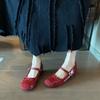 Versão de gabinete Lan! Estilo Francês Lindos Sapatos Mary Jane Vermelhos Top Baixo Laço Fivela Tira Sapatos Que Aumentam a Altura Sapatos de Casamento