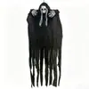 Esqueleto negro de gasa con pelo blanco, fantasma colgante, decoración de árbol de Halloween para exteriores, accesorio de escena de terror para casa embrujada