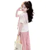 Conjunto de dos piezas de verano con top tipo chal elegante para niñas mayores, estilo casual, nueva camiseta de manga corta de verano para niños