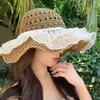 Sombrero de Sol de Paja con Encaje para Mujer con Ala Ancha, Sombrero de Verano Transpirable, Protección Solar de Rostro Completo, Sombrero de Playa, Moderno
