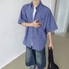 Verano 2025 Estilo Americano Retro Holgada Azul Cuadros Camisa de Manga Corta Hombres y Mujeres Casual Combinable Camisa Bordada Chaqueta