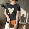 Camiseta de algodón mercerizado para mujer, estilo coreano, reductora de edad, manga corta, cuello redondo, estampada con Mickey, holgada, casual, para primavera y verano