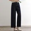 Nuevos Pantalones Rectos de Verano Finos Color Azul Oscuro que Fijan el Color, con Bolsillos Amplios y Detalles Bordados, Jeans Acortados Adelgazantes para Tallas Pequeñas