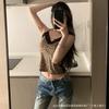 2025 Primavera e Verão Estilo Hong Kong Sexy Estampa de Leopardo Spice Girl Regata de Renda com Costas Bonitas