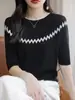 Top Europeo de Manga Media, Camiseta Holgada de Manga Tres Cuartos para Mujer, Nuevo Top de Punto Fino de Seda Helada Calado de Verano 2025
