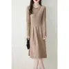 Vestido de punto de lana pura con cuello redondo hueco y falda plisada para mujer, nuevo para otoño e invierno, suéter, falda hasta la rodilla, falda base