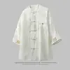 2026 Verano Nuevo Estilo Estilo Chino Hebilla de Cobre Bordada Cuello Alto Camisa Talla Grande Transpirable Cárdigan Manga Corta Hombre