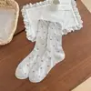 Meias de Novo Estilo para Primavera e Verão para Mulheres, Meias Finas de Algodão Penteado de Cano Médio com Padrão Floral de Rosas, Meias Longas Doces e Versáteis para Meninas