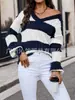 Nuevo Suéter de Punto para Mujer con Cuello en V, Canalé, Corte Holgado, Bloques de Color, Suéter Pulóver Casual Versátil