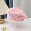 Boina para Meninas para Outono e Inverno, Laço Bordado Doce, Chapéu de Lã Quente e à Prova de Vento, Boina de Tricô para Bebê Menina