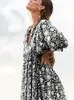 Nuevo Vestido Estilo Vacaciones en la Playa Floral Impreso en 3D para Amazon Transfronterizo, Vestido Midi de Cuello en V con Cinturón de Corbata y Mangas Abullonadas