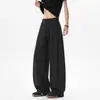 Calças fluidas para o verão, casuais e relaxadas, compridas até o chão, seda gelada, azul, calças de perna larga retas, estilo japonês, masculinas, soltas e leves