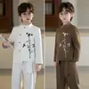Traje novo estilo chinês bordado com gola alta para crianças, terno estilo chinês com lantejoulas, terno Zhongshan para discursos, recitações de meninos e vestido de primeiro aniversário de pajem