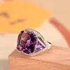 Anel Elegante e Luxuoso de Prata S925 com Ametista Natural, Tamanho Ajustável para Mulheres