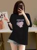 Top Casual Feminino Europeu de Algodão Estampado de Comprimento Médio Plus Size Verão Novo Solto Emagrecedor Tendência Camiseta de Manga Curta