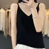 Camisole feminina simples de cor sólida com decote V sem mangas em lã penteada, solta, modeladora, fina, tricotada em lingote, base