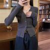 Blusa Slim de Decote V Manga Longa Estilo Francês para Mulheres na Primavera e Outono Look Emagrecedor Cintura Tricô Tipo Cardigã Suéter para Usar por Baixo