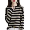 Suéter de Tricô Clássico com Listras e Mangas Longas para Mulheres, Gola Redonda, Pulôver, Caimento Solto, Elegante e Rejuvenescedor, Roupa de Baixo Quente, Suéter de Outerwear