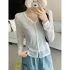 Cardigã de seda gelada cinza com proteção solar para mulheres, xale fino de verão, blusa para ar condicionado, jaqueta de tricô, top curto de manga longa