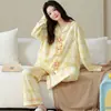 Algodón Puro Pijama de Mujer Otoño Nuevo Estilo Manga Larga Pantalón Largo Cárdigan Solapa Dulce Ropa de Casa Conjunto de Dos Piezas