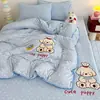 Conjunto de quatro peças em veludo de leite com aplique bordado estilo cartoon, capa de edredom de veludo coral espessa e quente de inverno, lençol, conjunto de cama de três peças