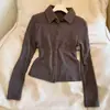 Camiseta Básica de Cashmere Vintage de Manga Longa para Mulheres, Novo Design para Primavera e Outono, Tricô de Cor Sólida com Gola Cardigan