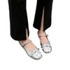 2025 Novo Prata Laço Sapatos Rasteiros de Bico Quadrado Francês Estilo Ballet Salto Baixo Fivela Mary Jane Solteiro