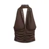 Sexy camisola de malla con espalda descubierta y cuello halter para mujer, nueva moda de otoño, top sin mangas ajustado con escote en V profundo y fruncido