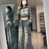 Jeans de trabalho wide leg estilo retro americano high street feminino outono novo design de cintura baixa calças soltas afuniladas moda
