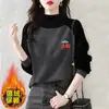 Moletom de Veludo Dupla Face com Retalhos de Manga Longa e Gola Alta Meia-Boca Novo para Outono e Inverno Top Feminino Quente e que Reduz a Idade, Solto e Fashion