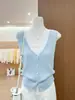 Colete de tricô feminino com gola, top de tricô sem mangas estilo duas peças solto de verão, azul claro