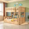 Cama litera pequeña de madera maciza para apartamento, madera natural, pino, cama alta y baja con estantería y cajón, universal para niños y niñas, cama de doble capa