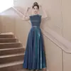 Vestido sem mangas com lantejoulas estreladas, gola redonda, cintura de renda, saia ampla tipo guarda-chuva, elegante vestido longo para apresentações de festa anual