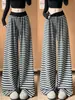 Pantalones de mujer a rayas grises y blancas, nuevo modelo otoño 2026, de cintura alta, adelgazantes, holgados, de corte recto, fluidos, pantalones de pierna ancha hasta el suelo