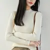 Elegante suéter de punto de algodón puro acanalado de cuello medio alto para mujer, de manga larga, corte ajustado, capa base favorecedora, suéter suave