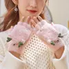 Luvas Outono e Inverno Pelúcia Grossa Luvas Quentes para Estudantes Femininas Fofas Galhos de Veado Meio Dedo Flip Luvas de Tricô Atacado