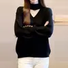 Elegante y sofisticado top de punto con cuello halter en V y manga larga para mujer, holgado y estilizado, suéter suave y acogedor
