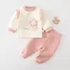 Conjunto de roupa íntima térmica outono e inverno para bebê, cintura alta, protege a barriga, algodão puro, top e calça acolchoados de outono, roupa para recém-nascido