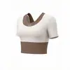 Traje deportivo de dos tonos para fitness para mujer, top de manga corta de secado rápido y pantalones largos, ropa profesional adelgazante para entrenamiento de yoga y Pilates