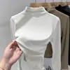 Camiseta plisada estilo coreano para mujer que ciñe la cintura, camiseta básica de manga larga para otoño e invierno, cuello semi-alto, corte ajustado, top interior adelgazante