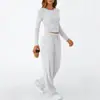 Conjunto Casual Duas Peças para Mulheres - Top Simples de Cor Sólida com Mangas Longas e Calça de Perna Larga com Bolsos - Cruzamento Europeu e Americano 2026